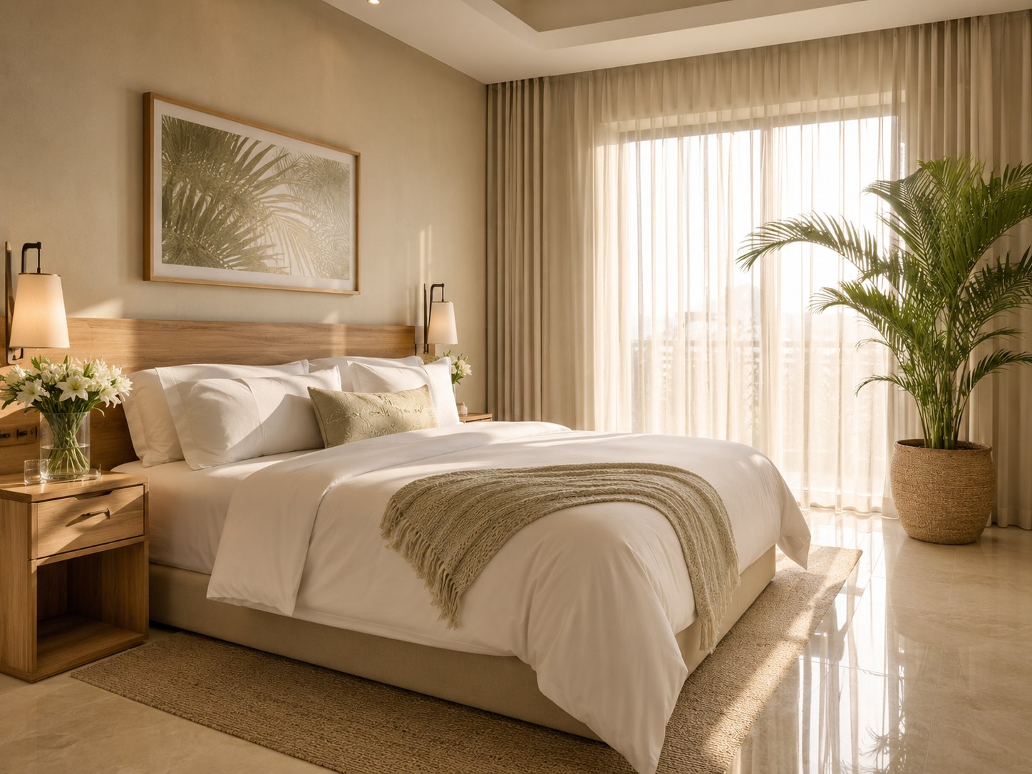 Freshly turned-over guest bedroom with crisp white linen