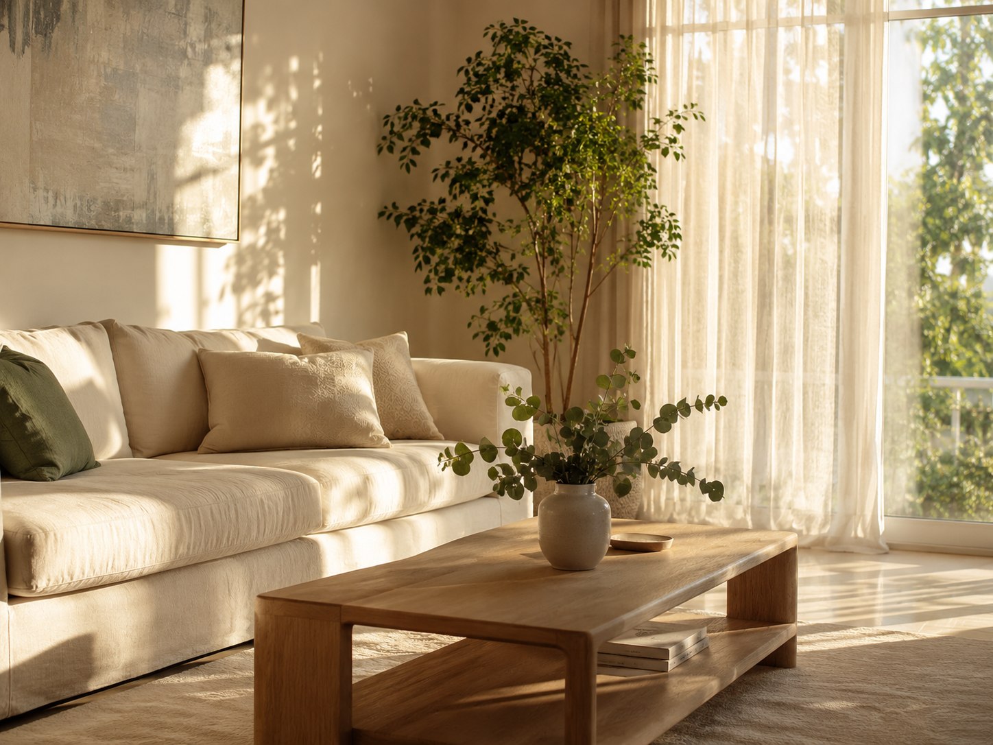 Sunlit, spotless living room with fresh greenery